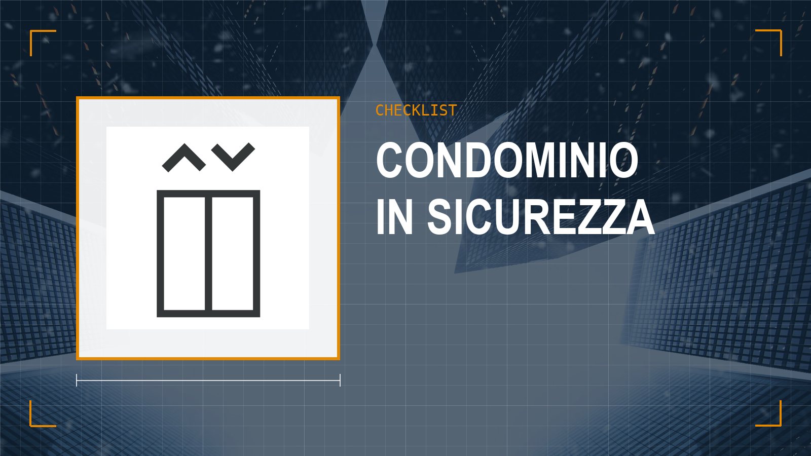 Icona ascensore su sfondo di edifici: checklist sicurezza condominio per ascensori, messa a terra e cancelli