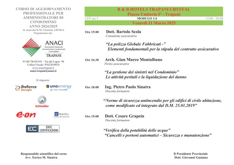 Locandina: ANACI Trapani - Corso di aggiornamento professionale, anno 2024/2025, 21/03/2025