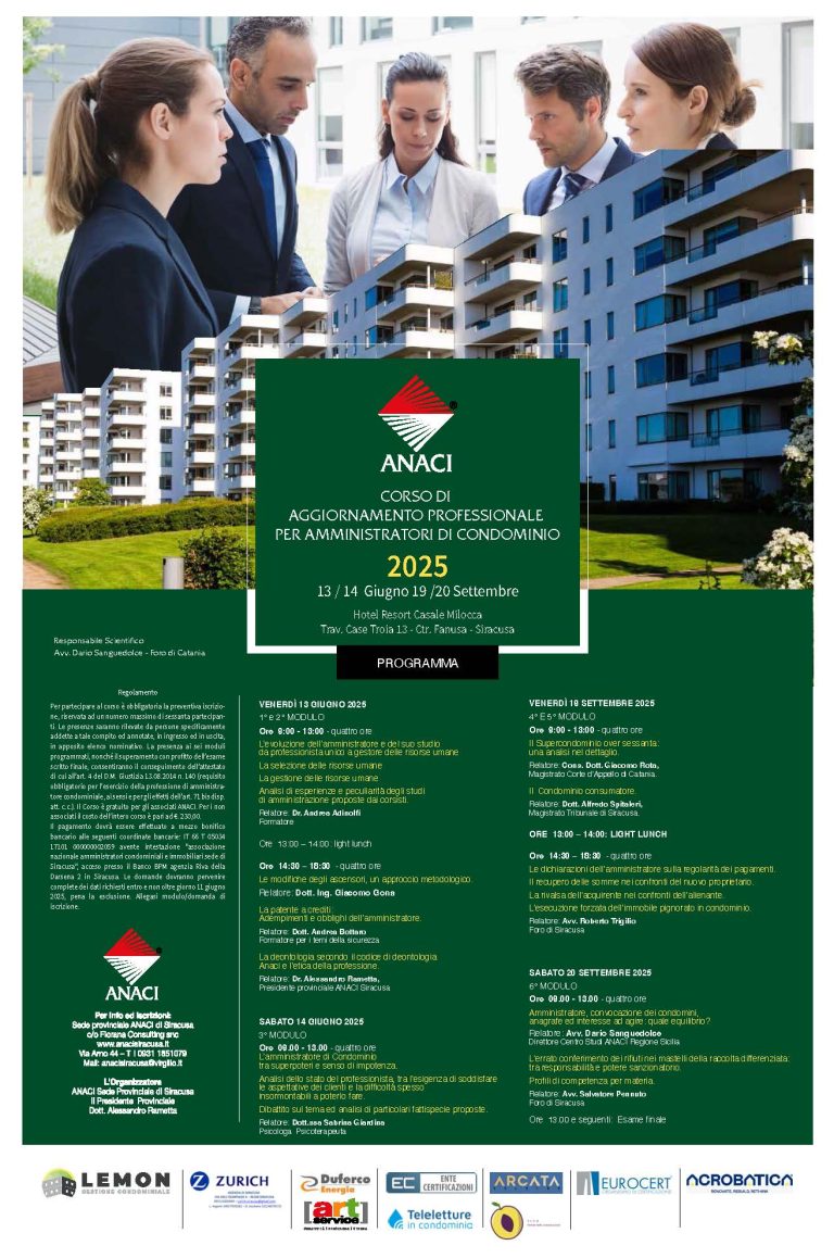 Locandina: ANACI Siracusa - Corso di aggiornamento per amministratori di condominio
