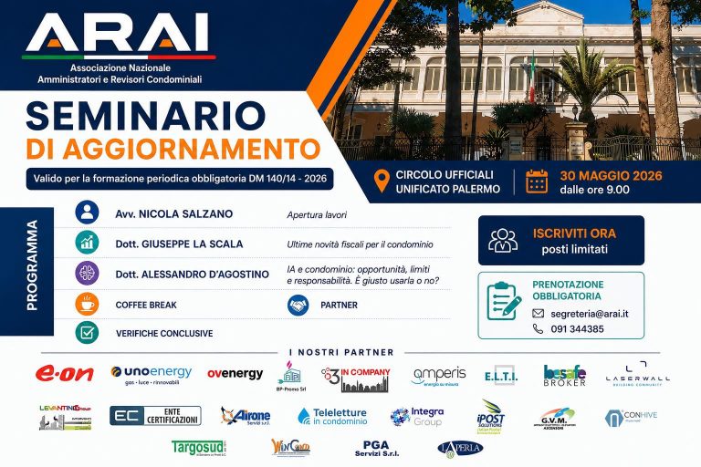 Locandina: ARAI 2026 - Seminario di aggiornamento per amministratori e revisori condominiali
